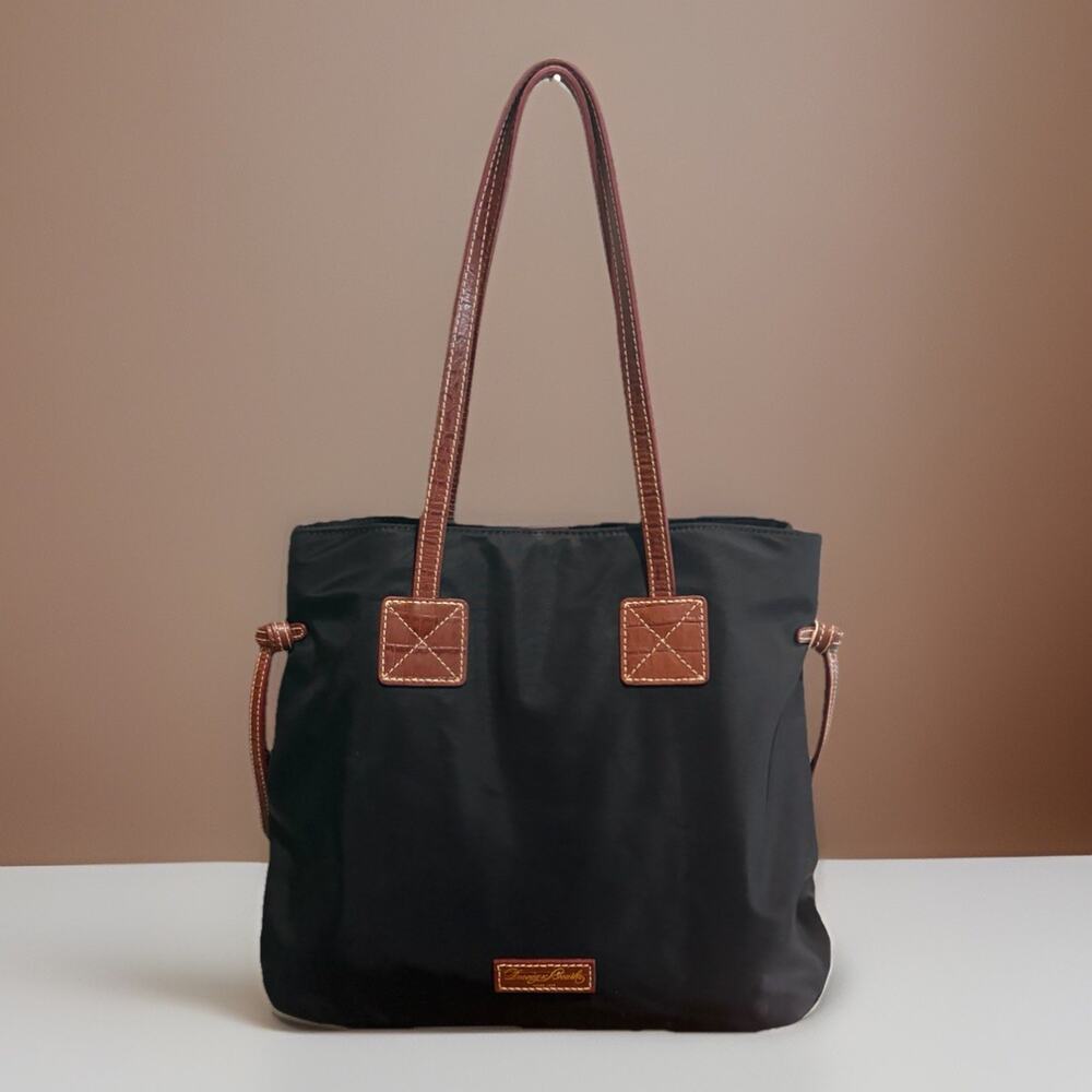 Dooney & Bourke Black Nylon Tote Handbag Brown Crocodile Embossed Leather Trim